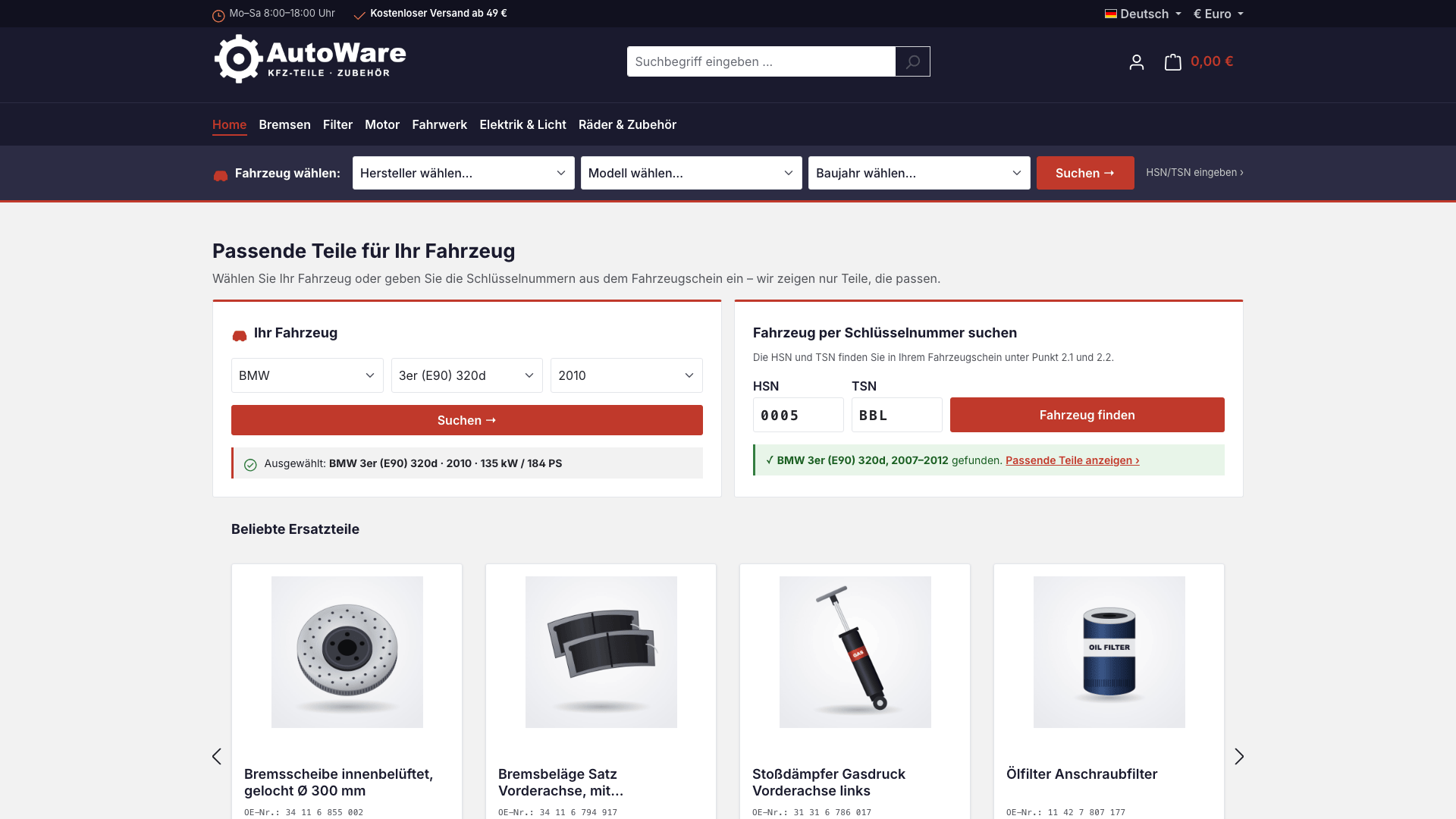 AutoWare – Startseite mit Fahrzeug- und HSN/TSN-Suche