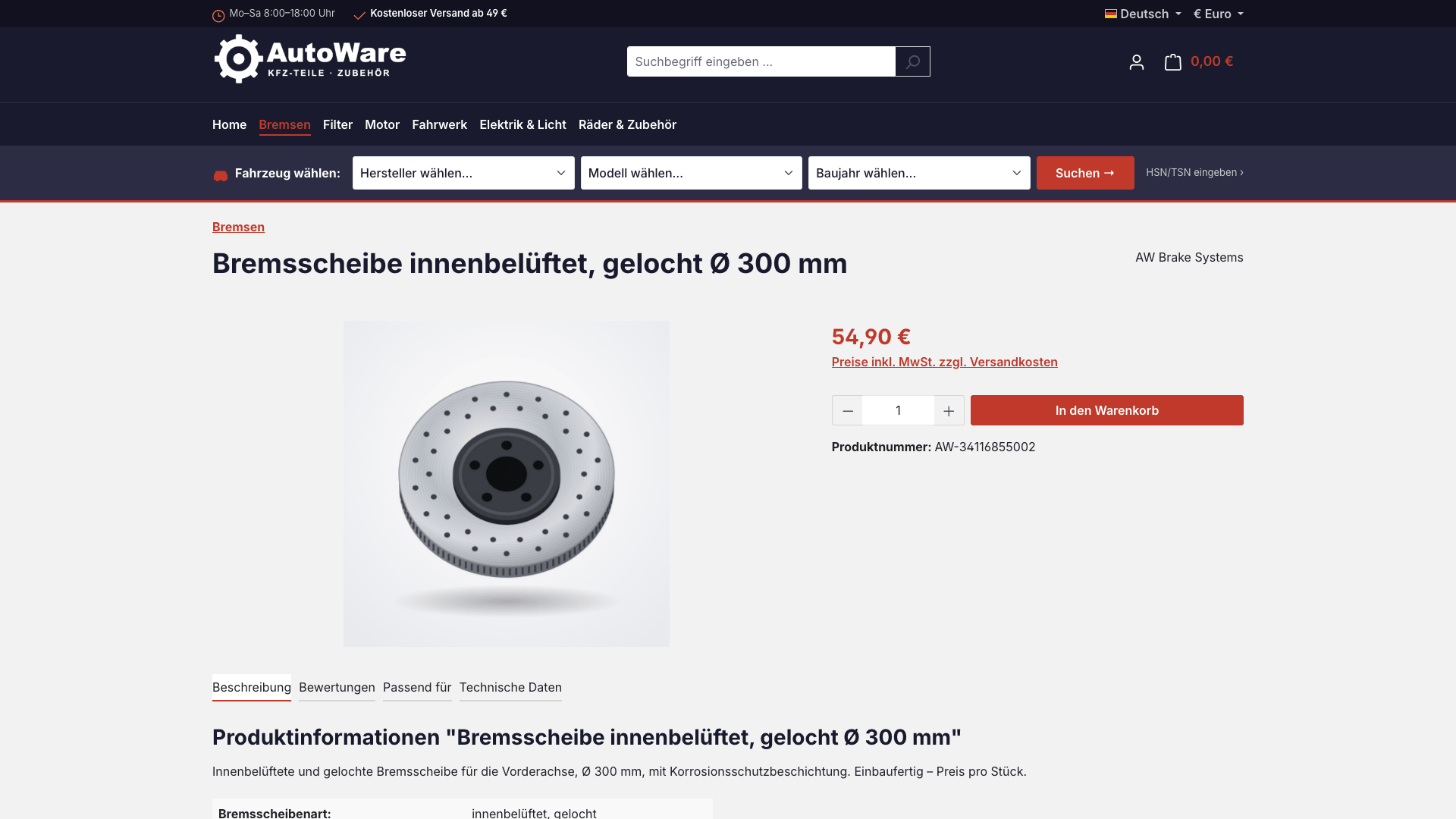 Produktseite mit Tabs „Passend für“ und „Technische Daten“