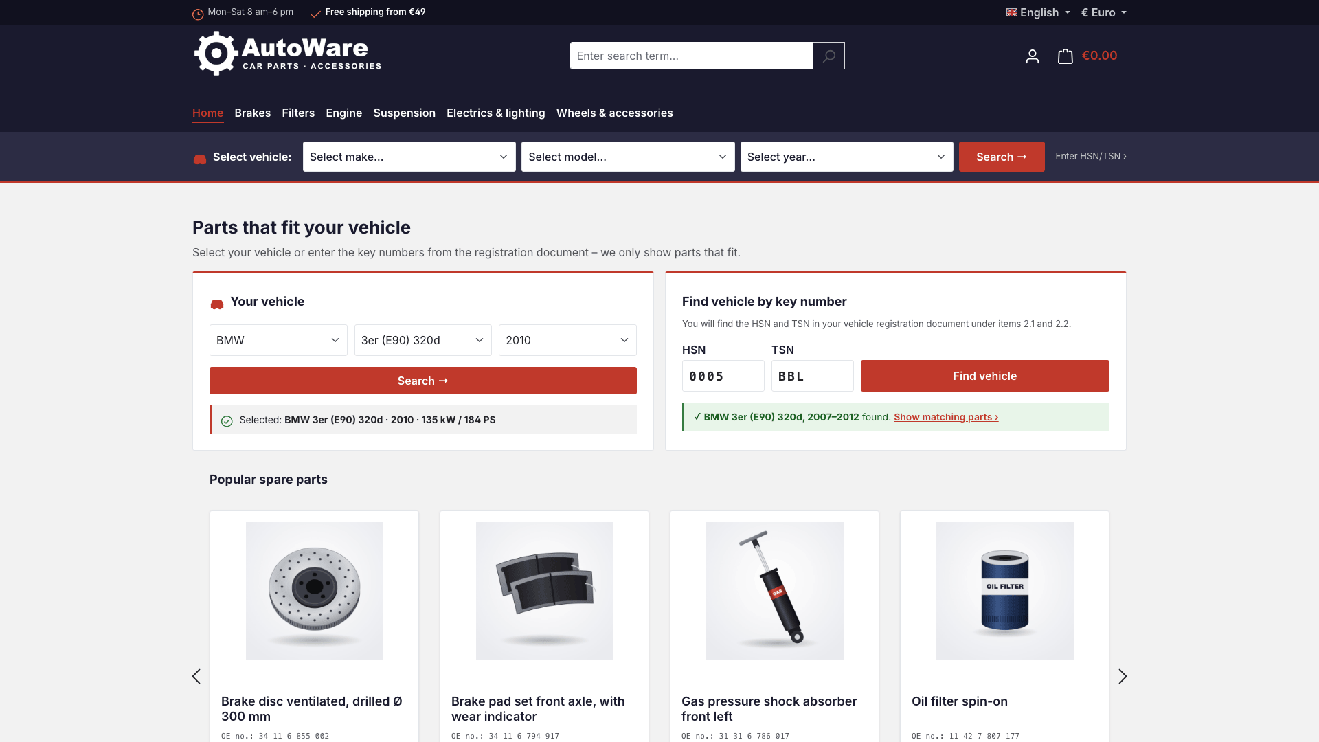 AutoWare – home page con ricerca veicolo e HSN/TSN