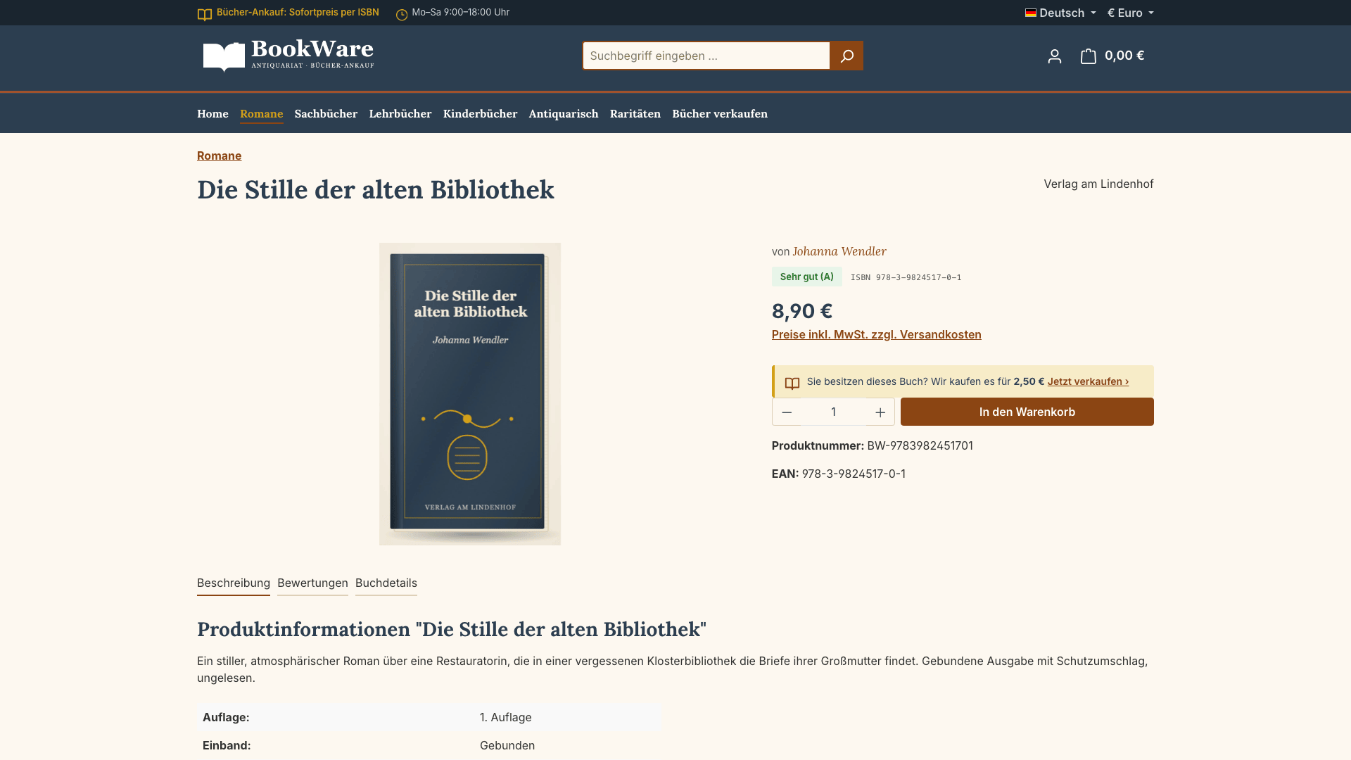 Produktseite mit Autor, Zustandsnote, ISBN und Ankaufspreis