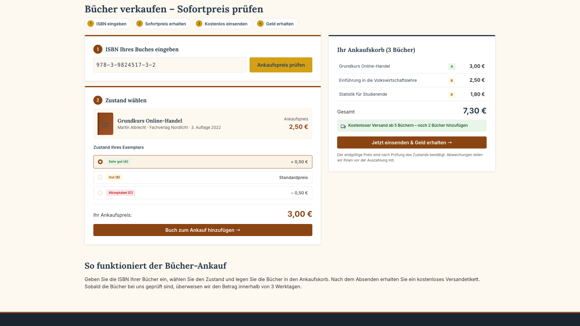 Ankaufsformular mit Sofortpreis und Ankaufskorb