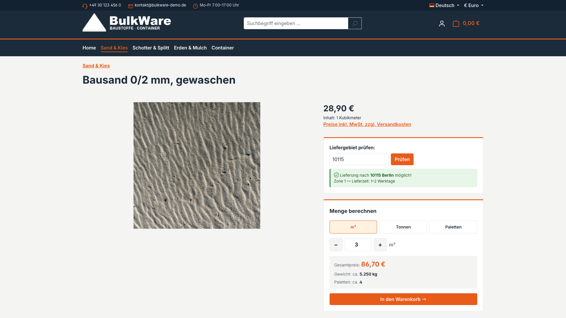 BulkWare – Produktseite mit PLZ-Prüfung und Mengenrechner