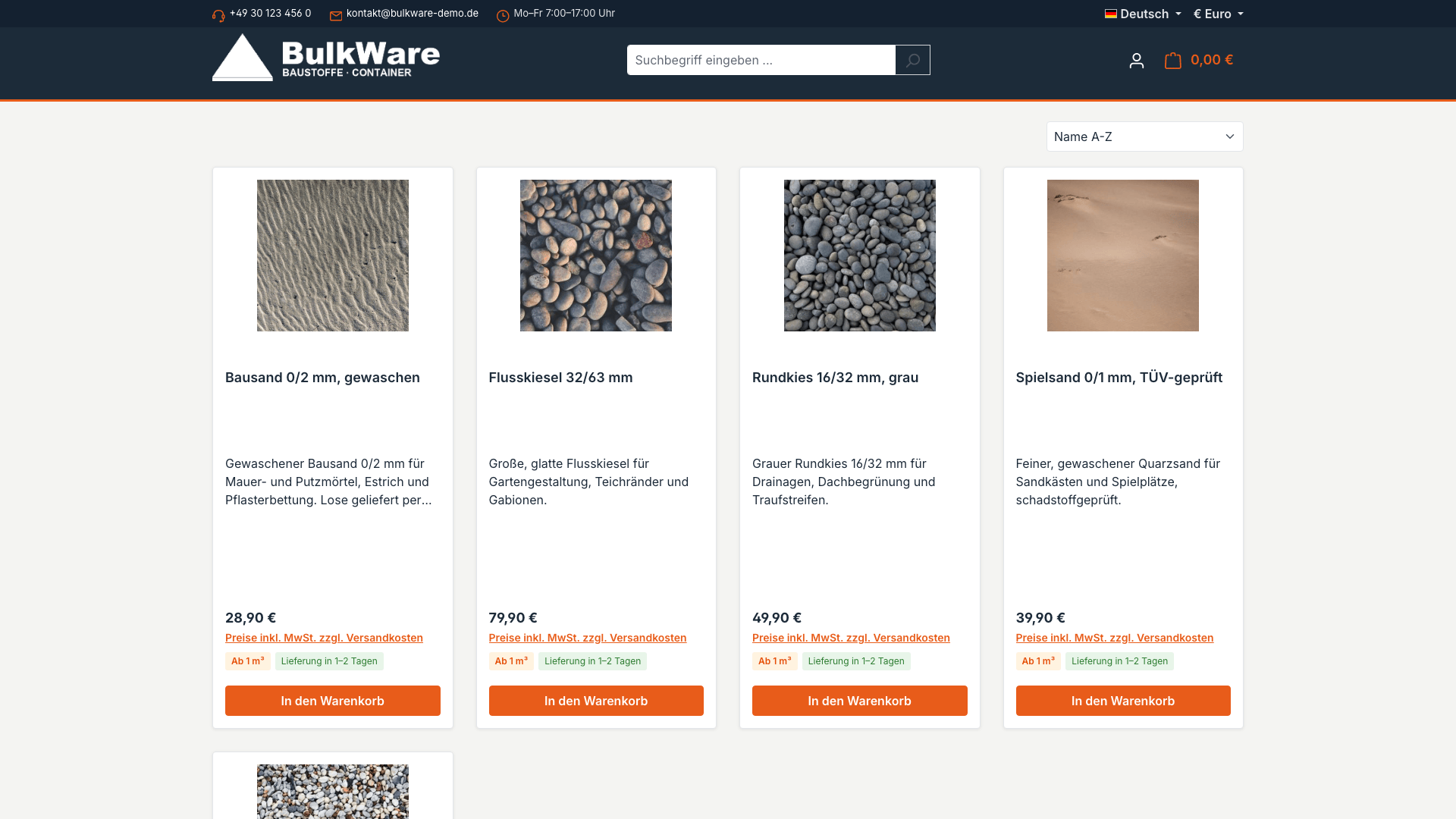 Kategorie „Sand & Kies“ mit Mengen- und Liefer-Badges