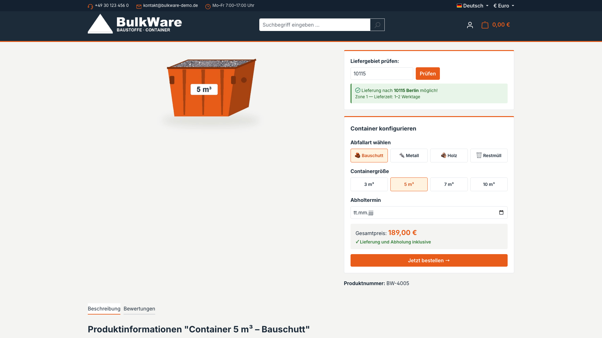Container-Konfigurator auf der Produktseite
