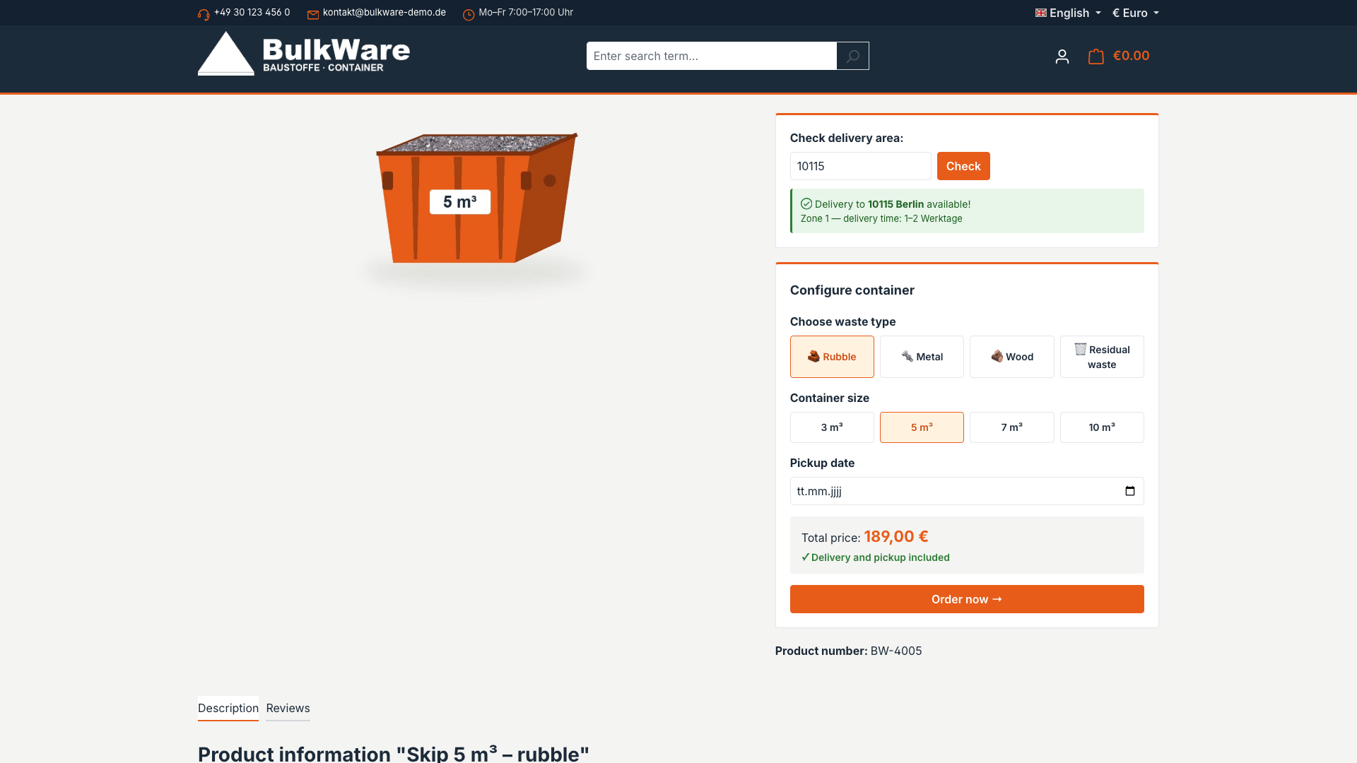 Configurateur de benne sur la page produit