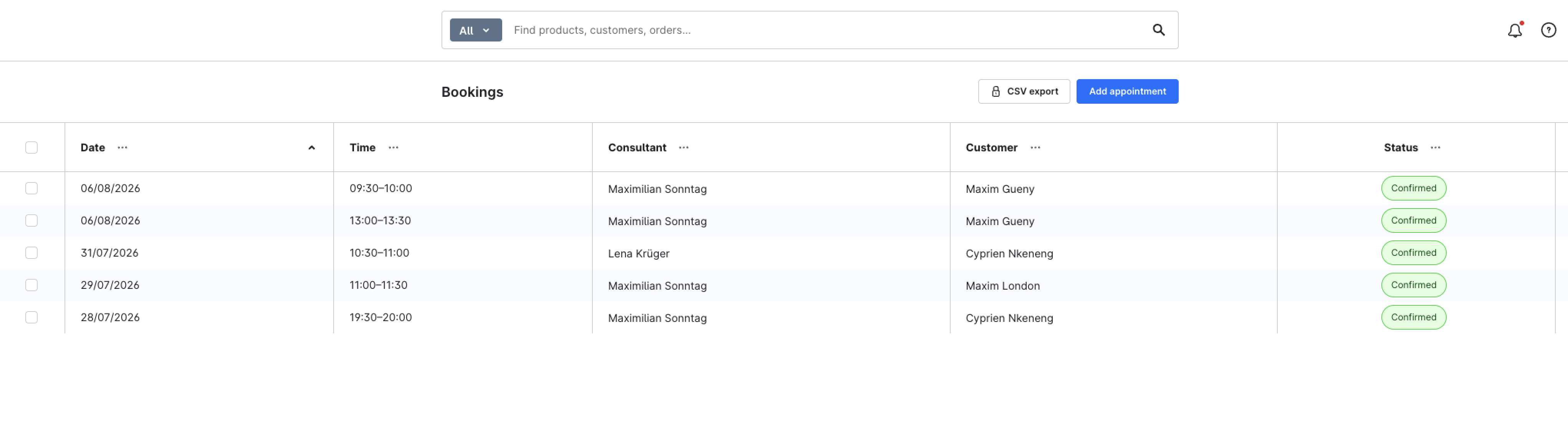 Bookings overview in the admin