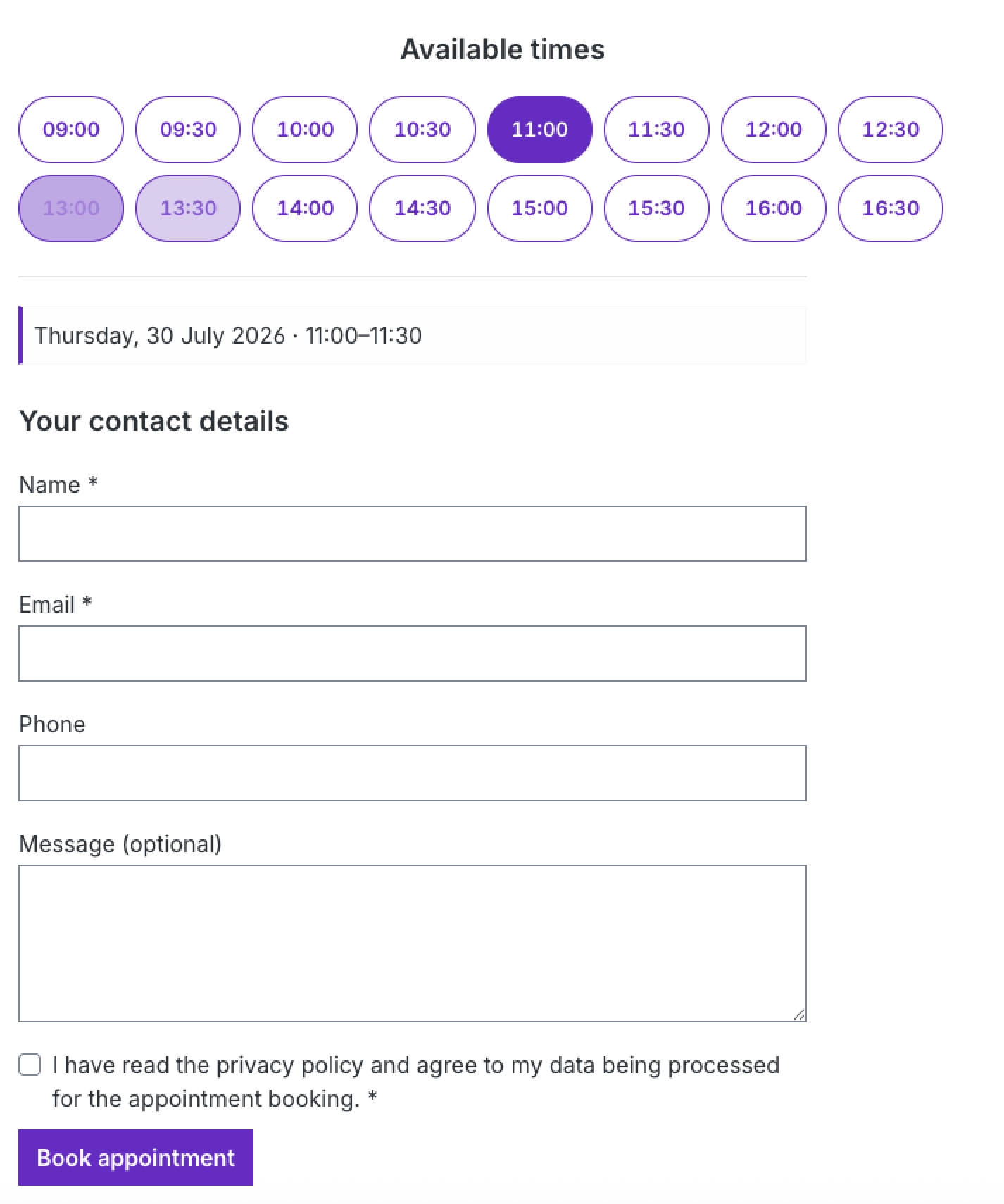 Contact details and confirmed booking