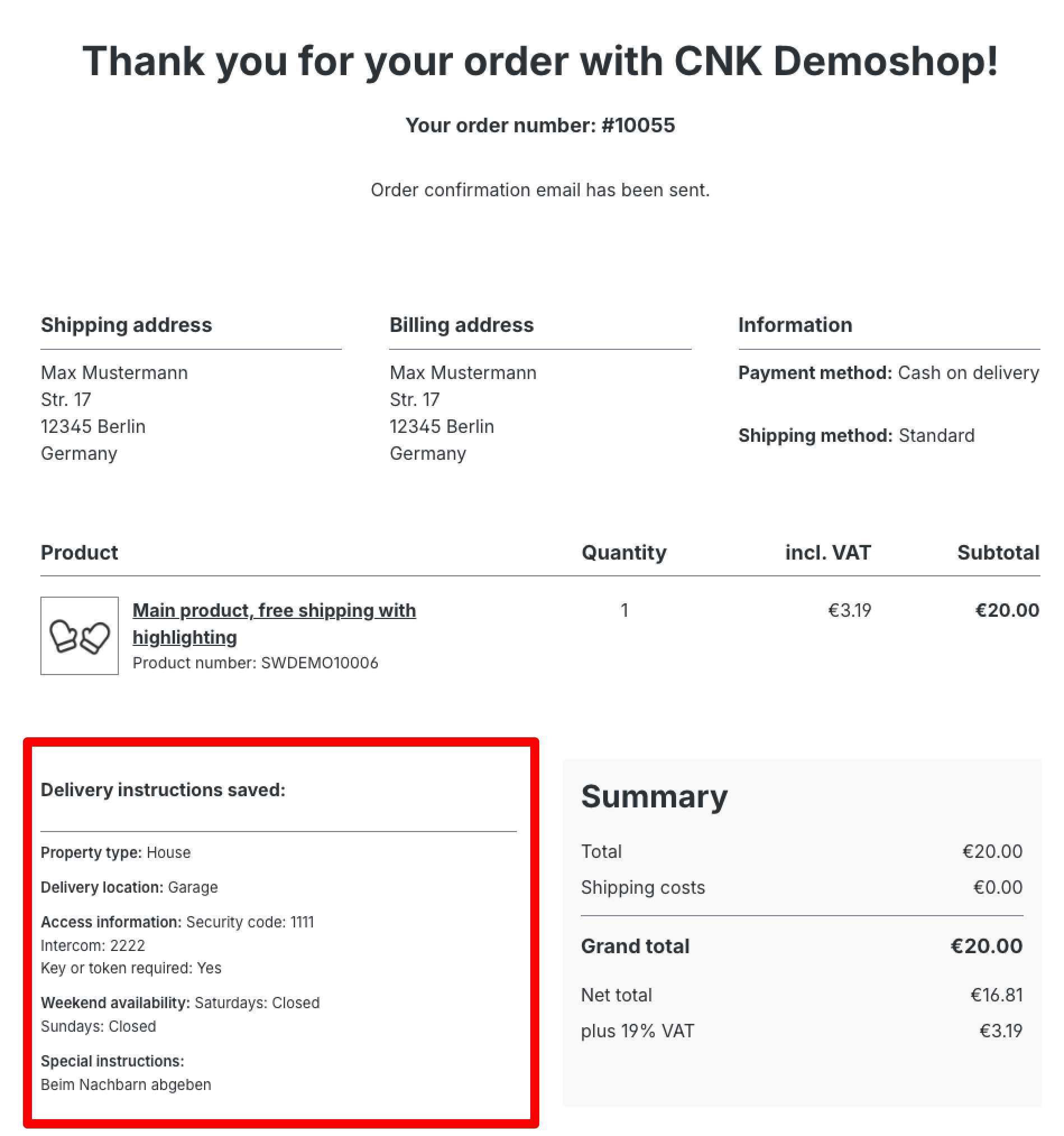 Récapitulatif des instructions de livraison sur la page de confirmation de commande