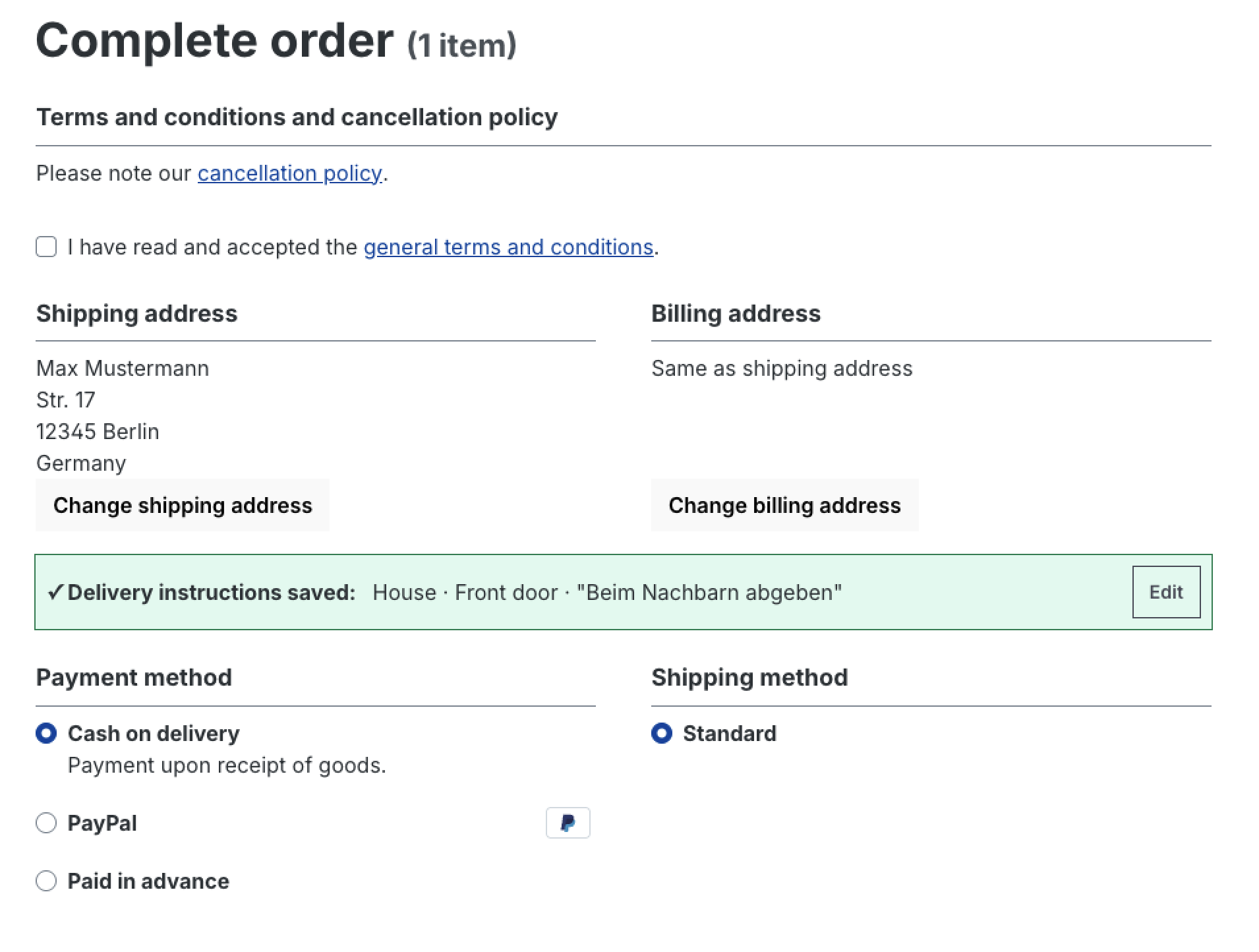 Instructions de livraison enregistrées dans la caisse avec option de modification