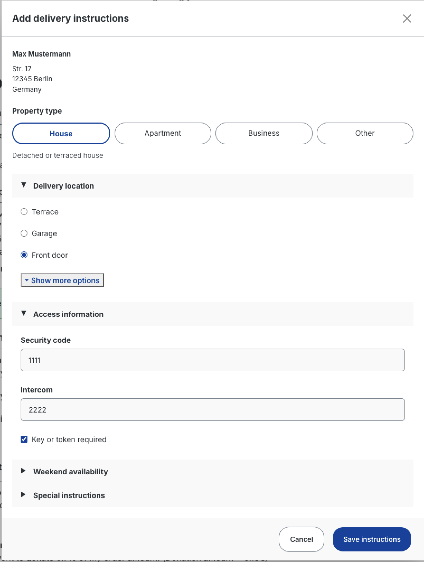 Lieu de dépôt et informations d'accès dans le formulaire d'instructions de livraison