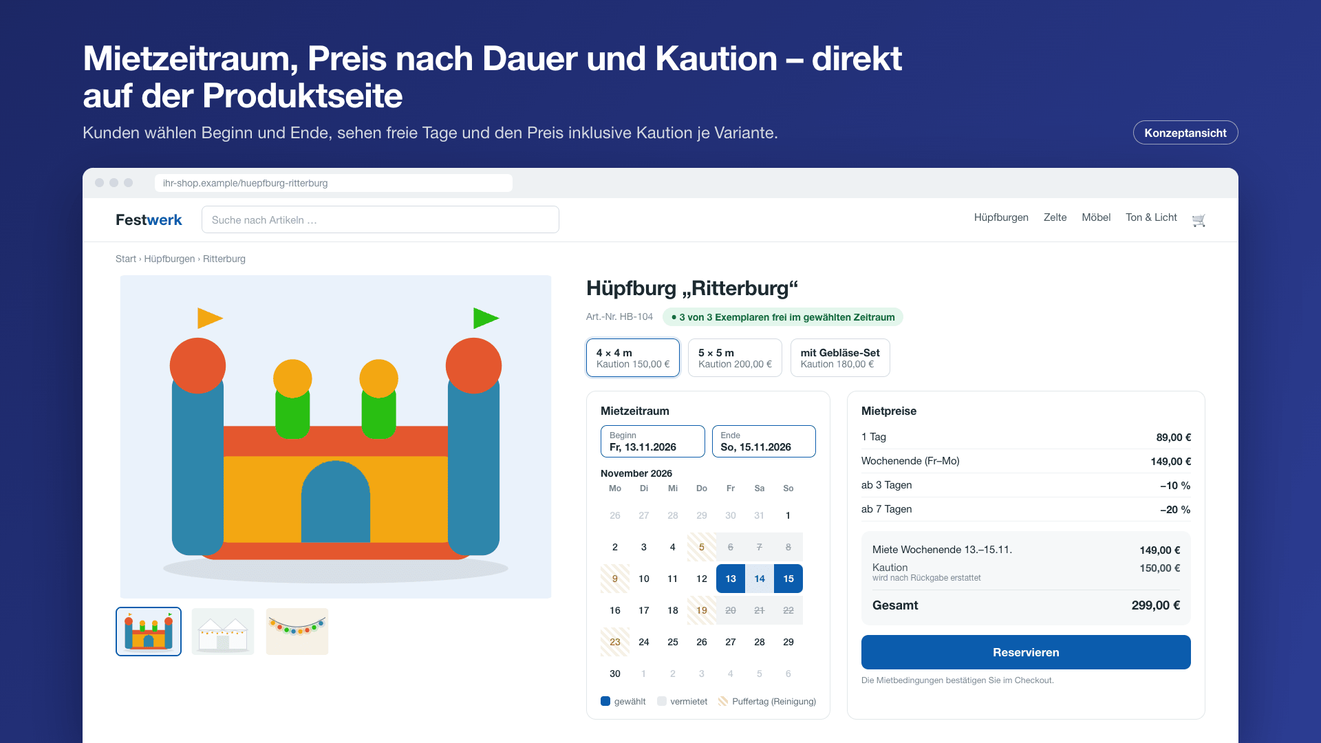 Mietzeitraum, Preis nach Dauer und Kaution auf der Produktseite