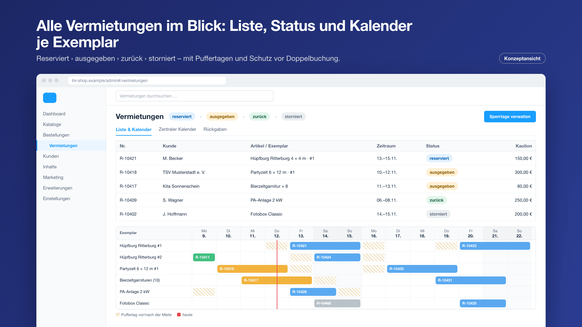 Vermietungen im Admin: Liste mit Status und Kalender