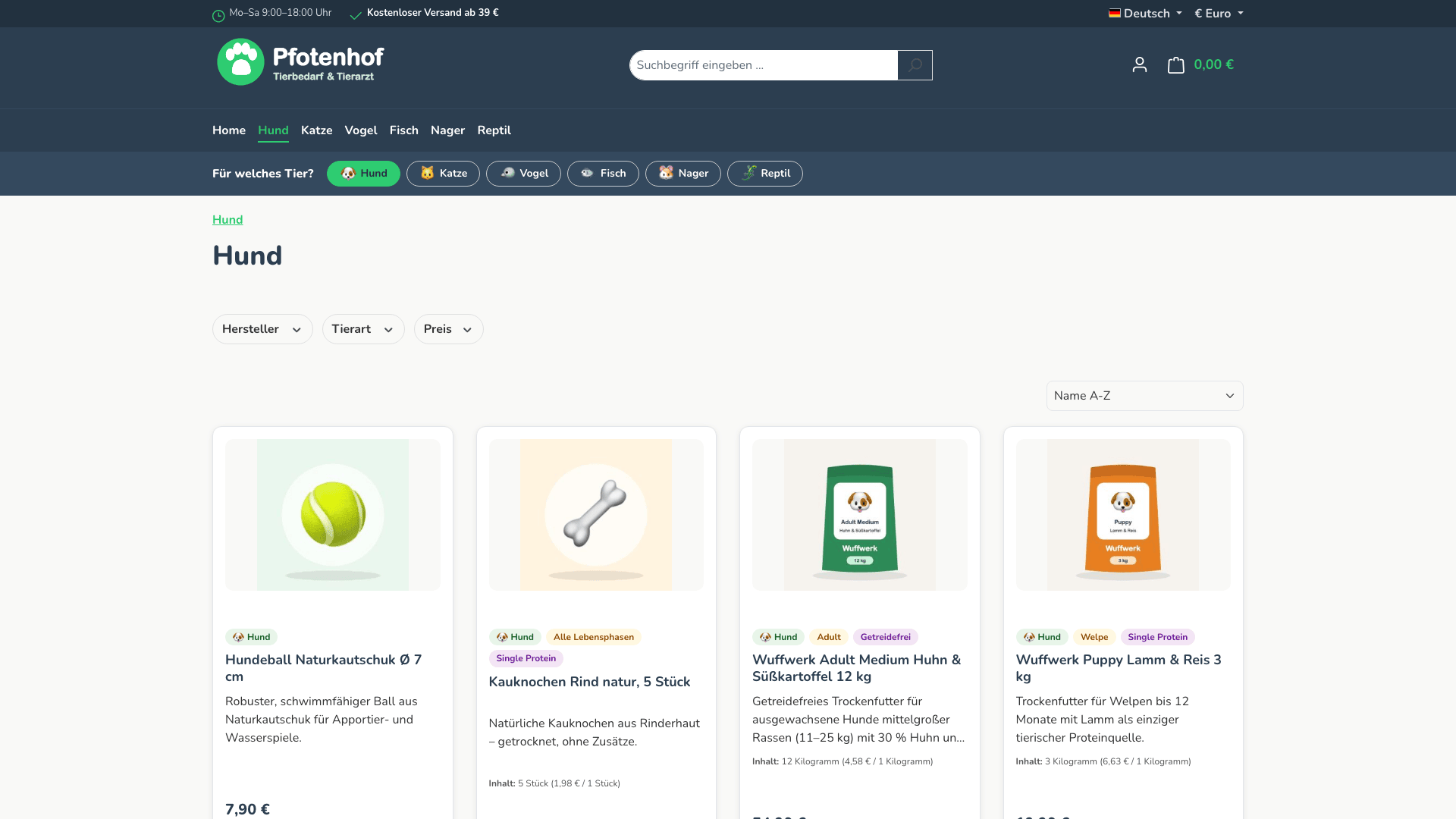 Kategorie „Hund“ mit aktiver Tierart und Produkt-Badges
