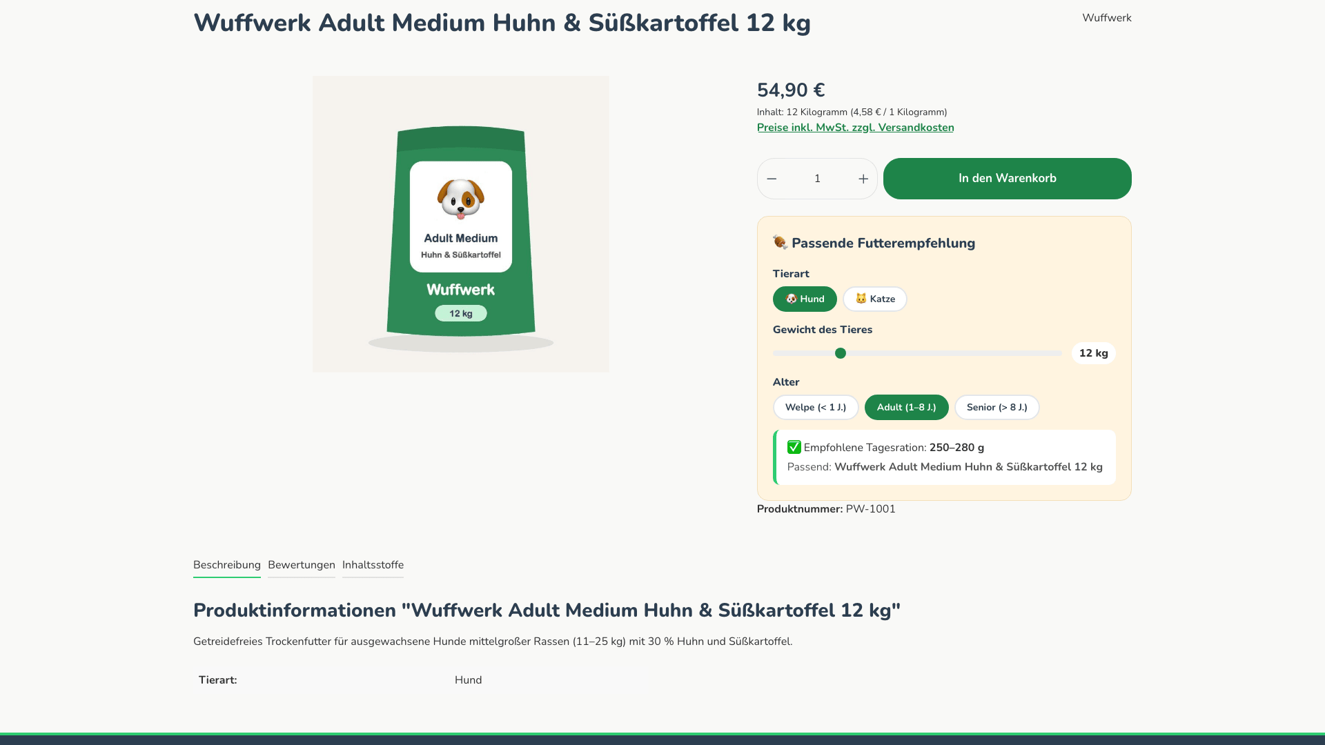 Produktseite mit Futter-Konfigurator