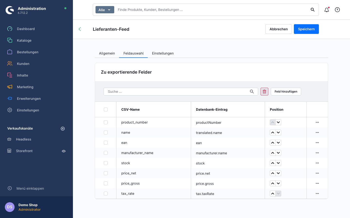 Feldauswahl eines Profils: Spalten und Reihenfolge der CSV-Datei