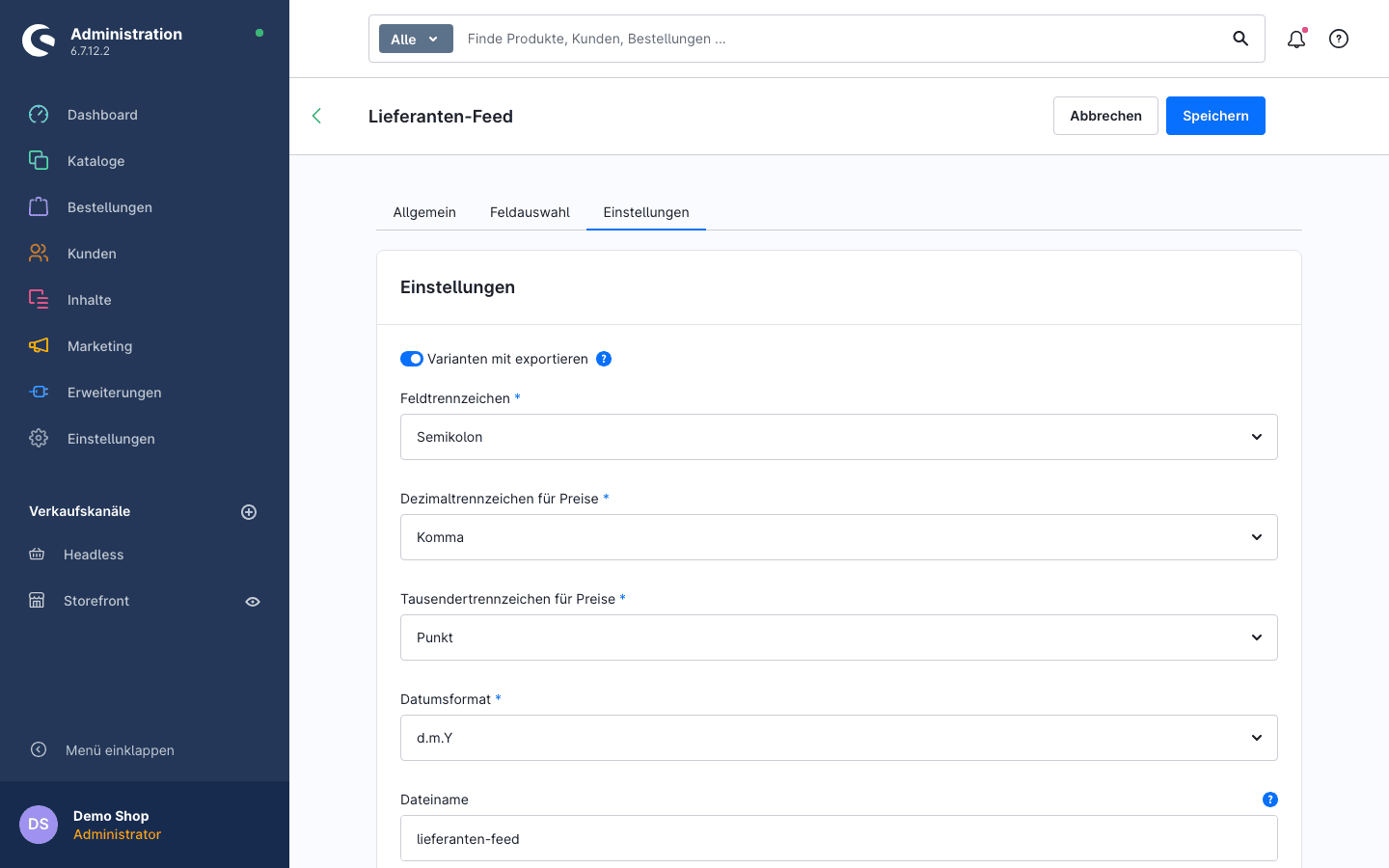 Profil-Einstellungen: Varianten, Trennzeichen, Datumsformat und Dateiname