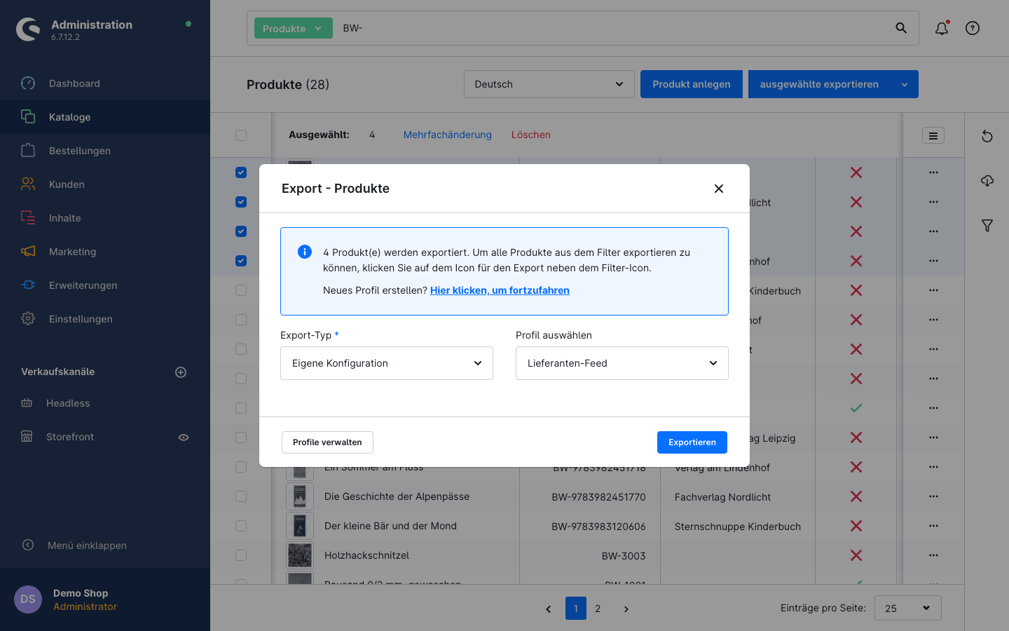 Export-Dialog: Export-Typ und Profil wählen