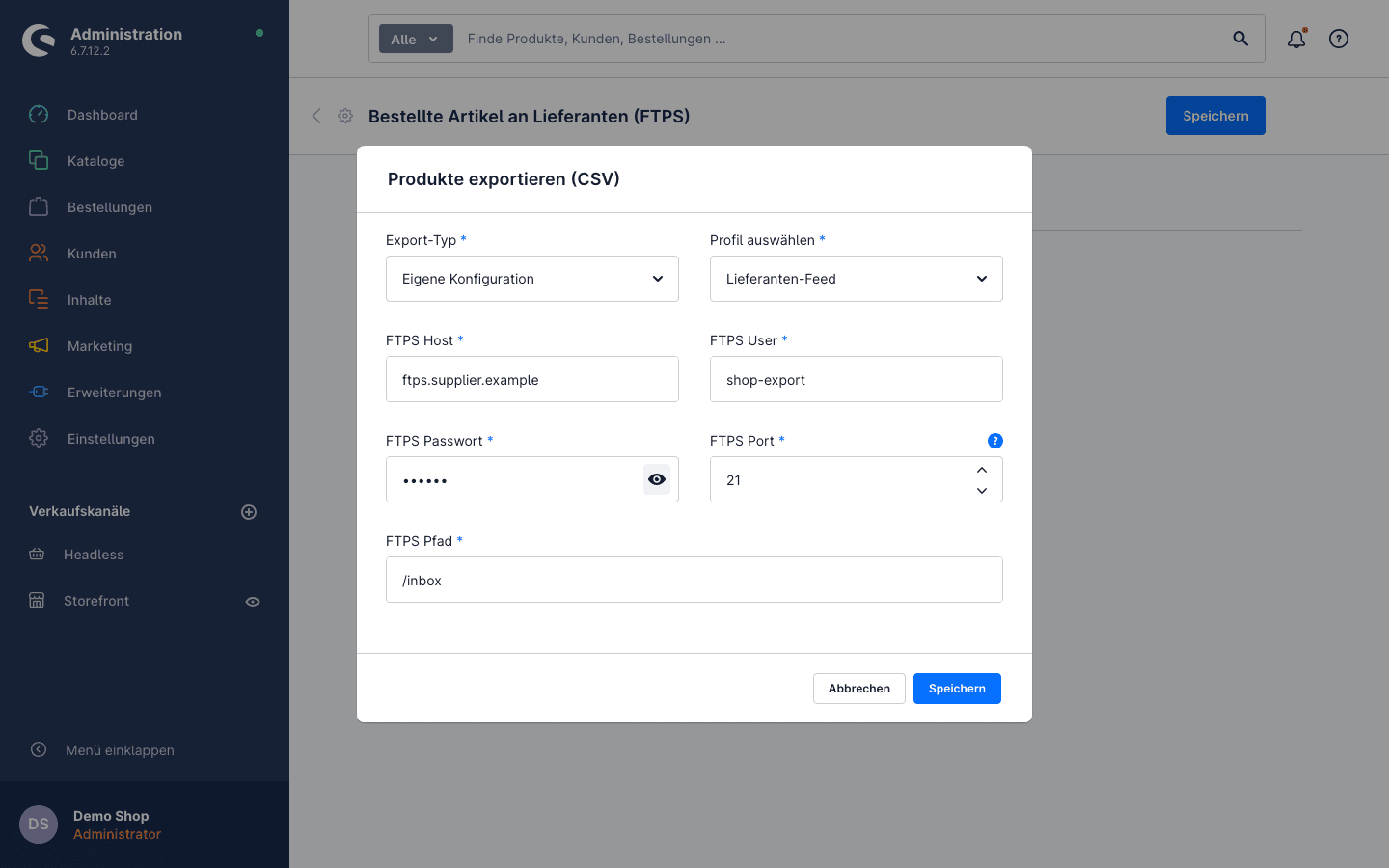 Aktion „CSV-Produkte per FTPS exportieren“: Profil und FTPS-Zugangsdaten