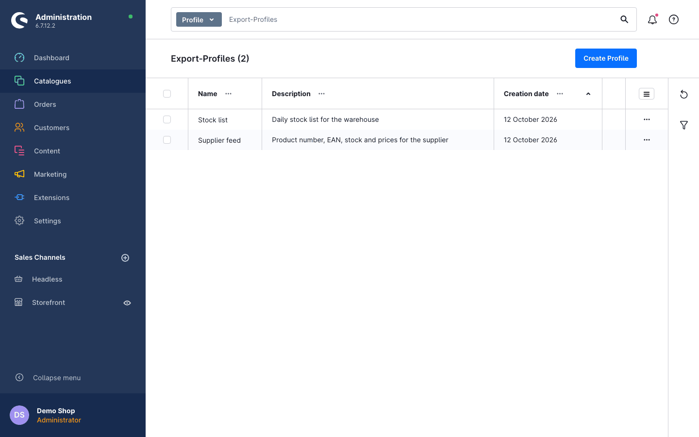 Overview of the export profiles