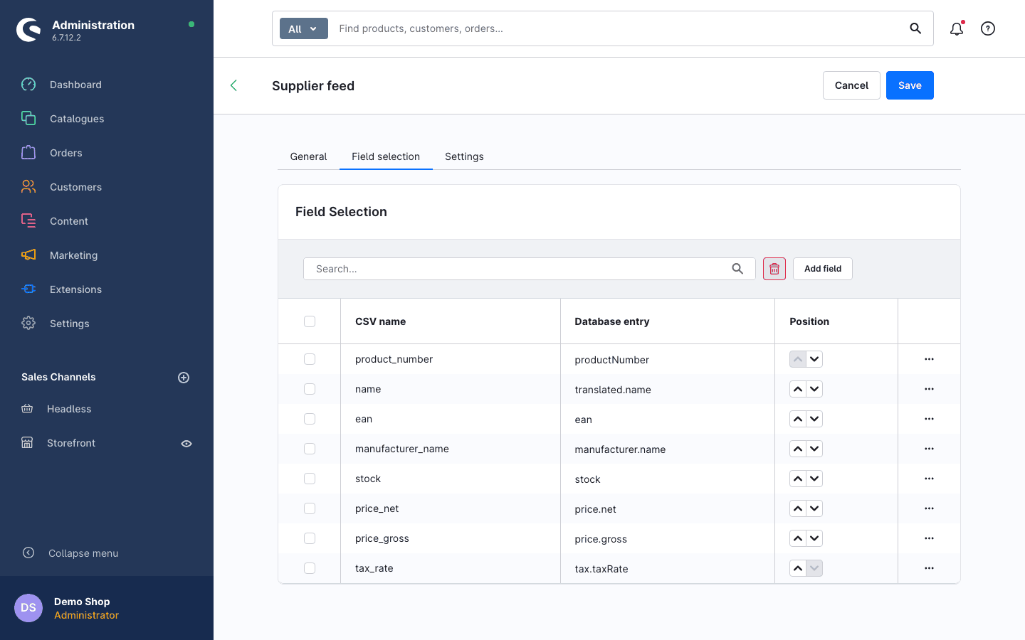 Field selection of a profile: columns and order of the CSV file