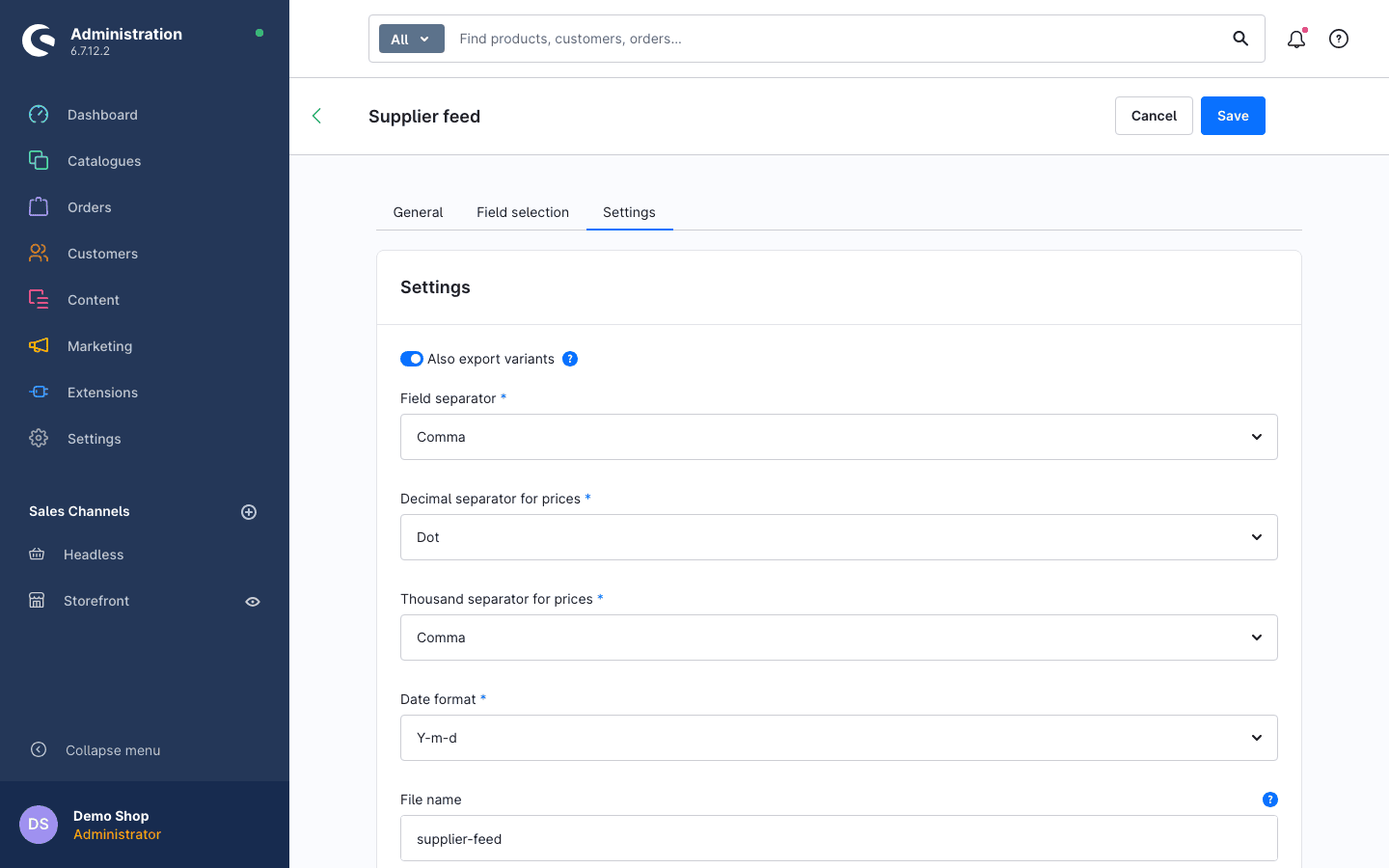 Profile settings: variants, separators, date format and file name