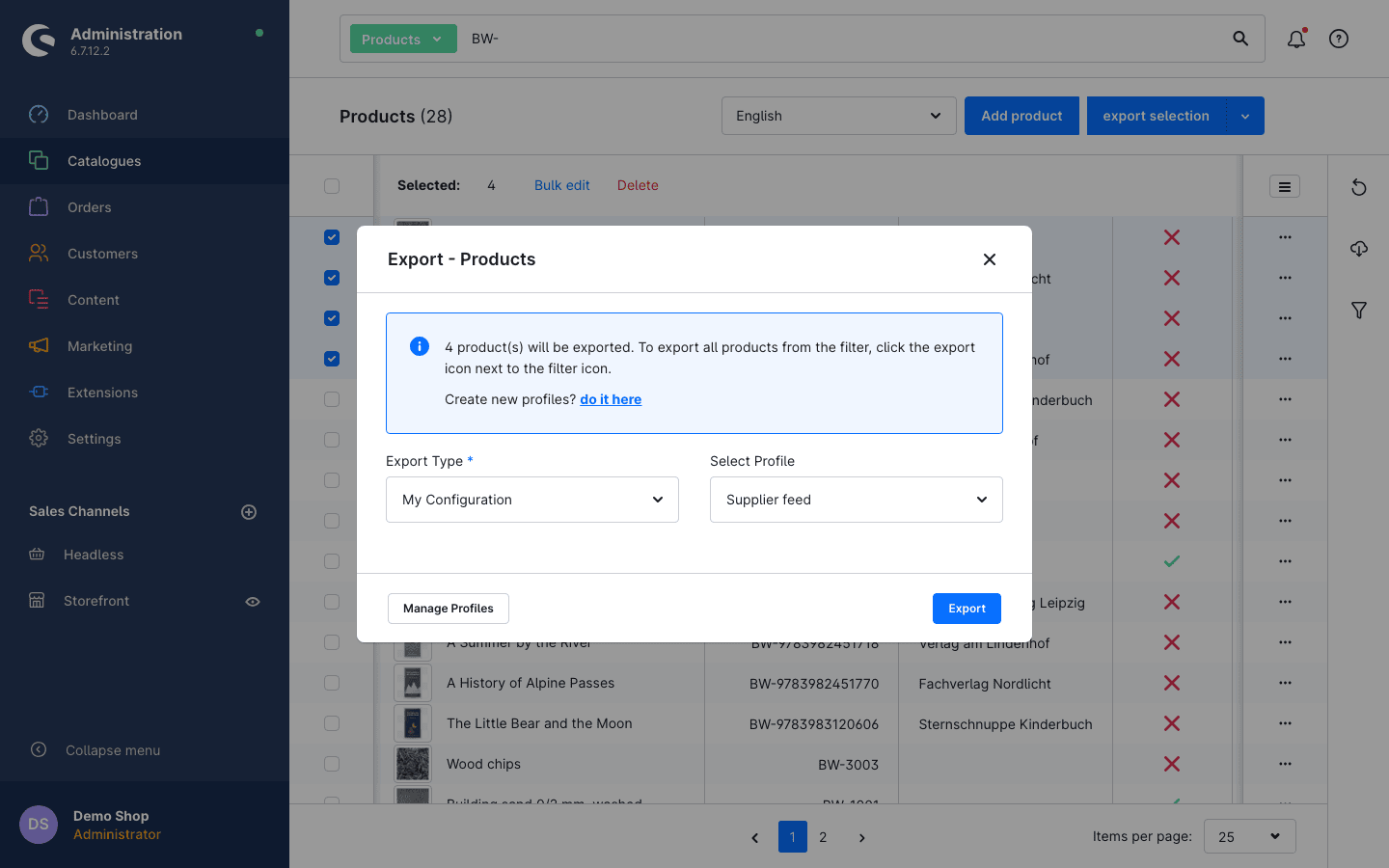 Export dialog: choose the export type and the profile
