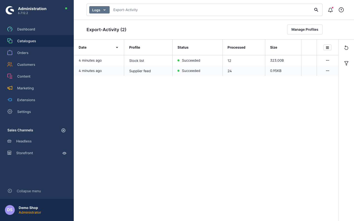 Export activity with status, number of records and file size