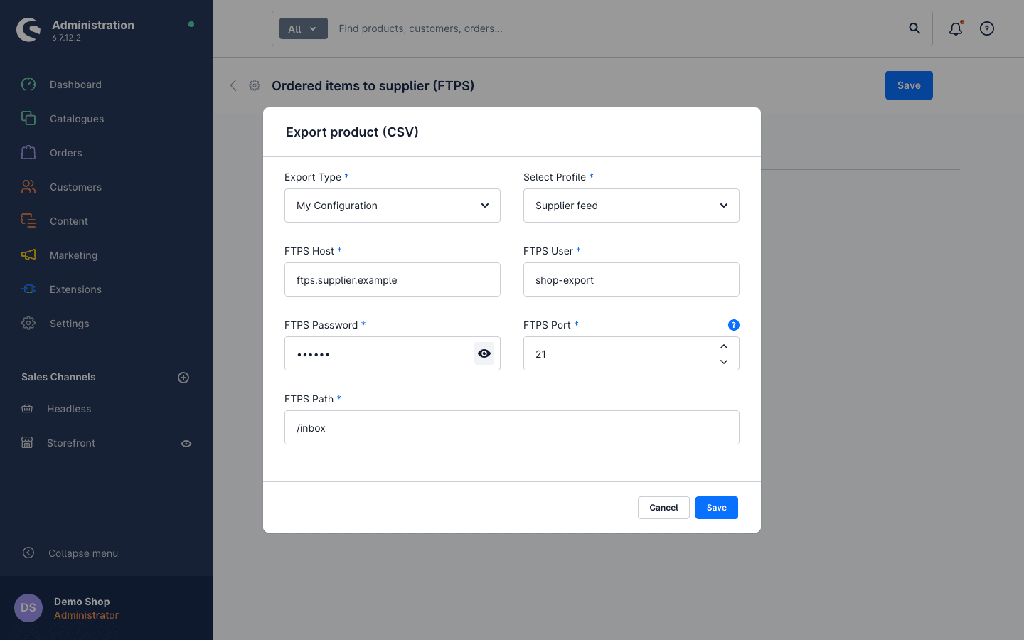 Action “Export CSV products via FTPS”: profile and FTPS credentials