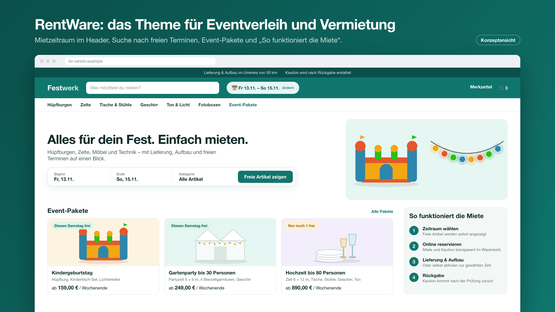 Startseite eines Eventverleihs mit Mietzeitraum im Header und Event-Paketen