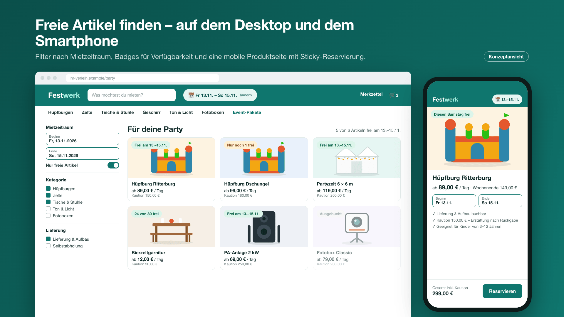 Listing mit Datumsfilter und Produktkarten mit Verfügbarkeit, Desktop und Smartphone