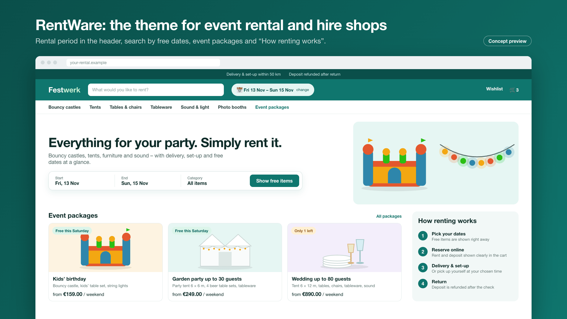Home page of an event rental shop with rental period in the header and event packages