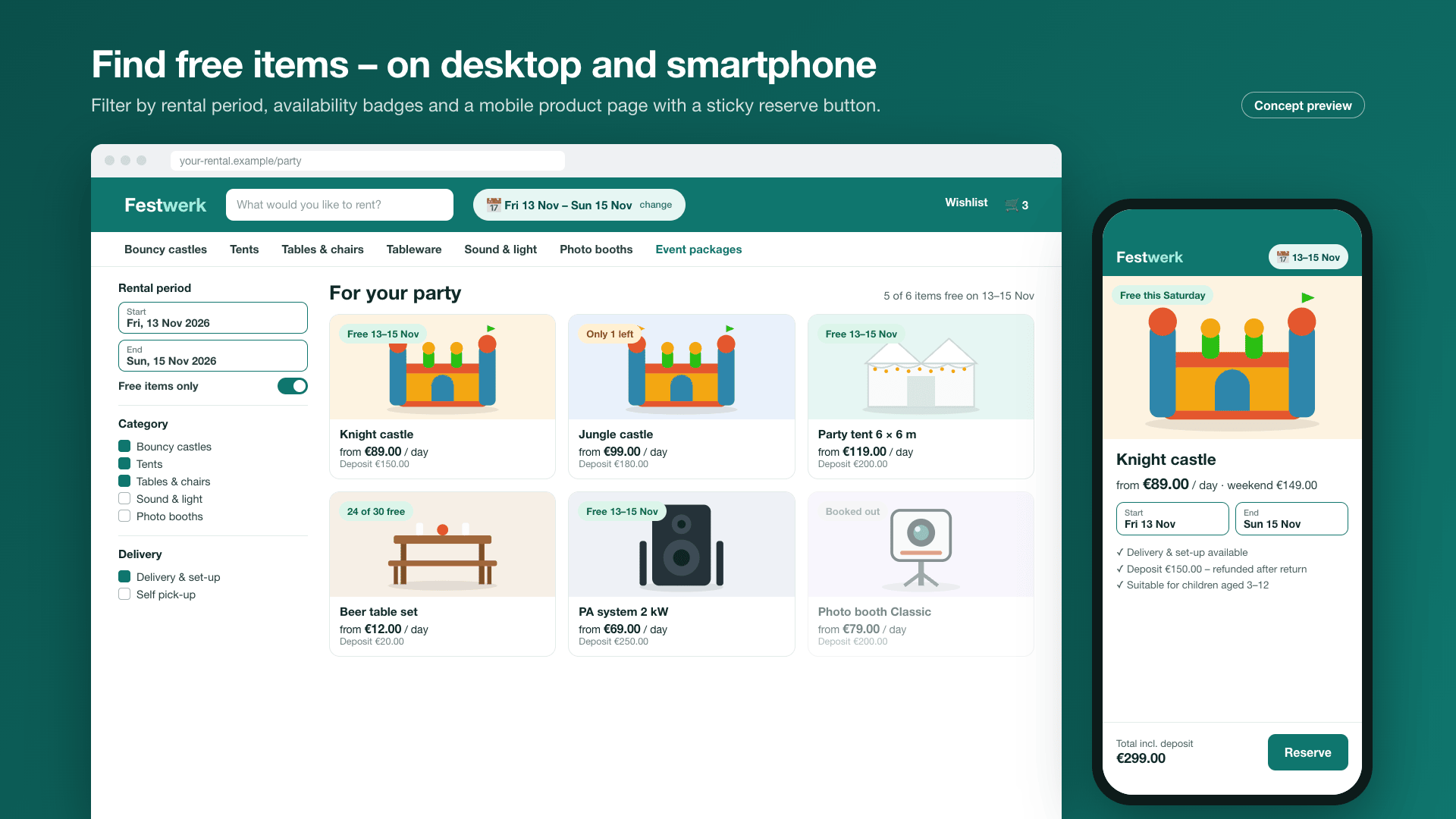 Listing with date filter and product cards with availability, desktop and smartphone