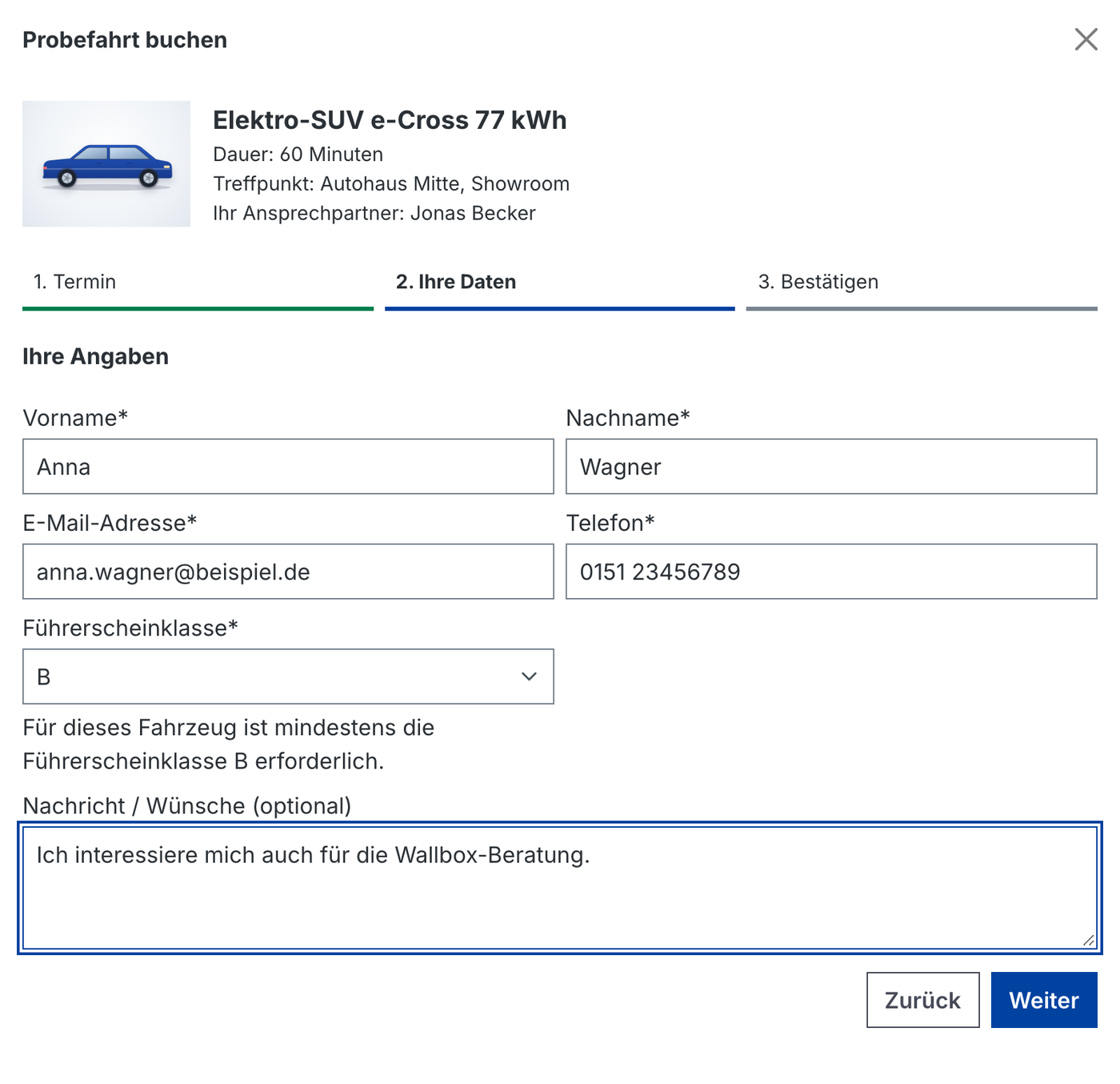 Kontaktdaten und Führerscheinklasse