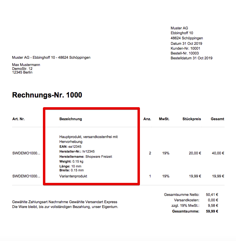 Zusatz-Infos auf der Rechnung
