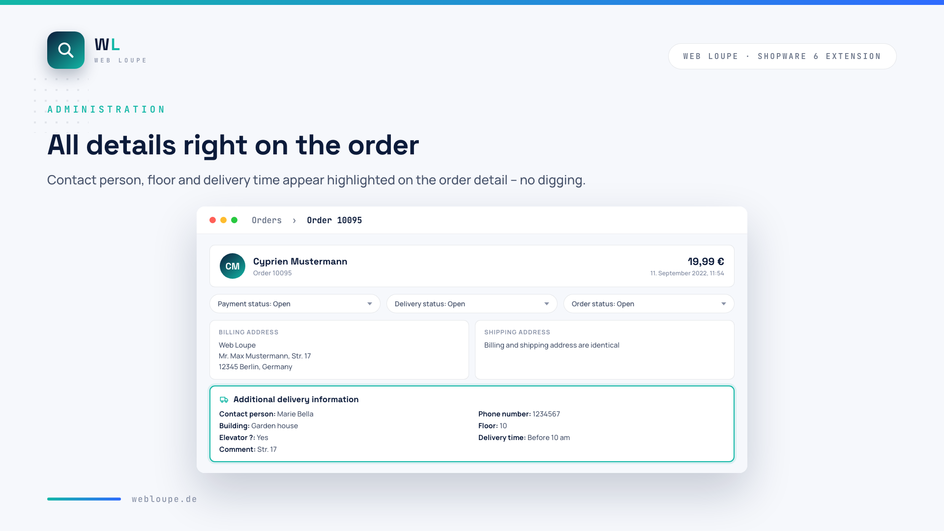 Delivery information on the order detail