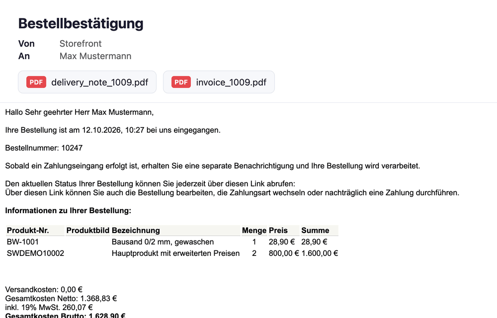 Bestellbestätigung mit Rechnung und Lieferschein