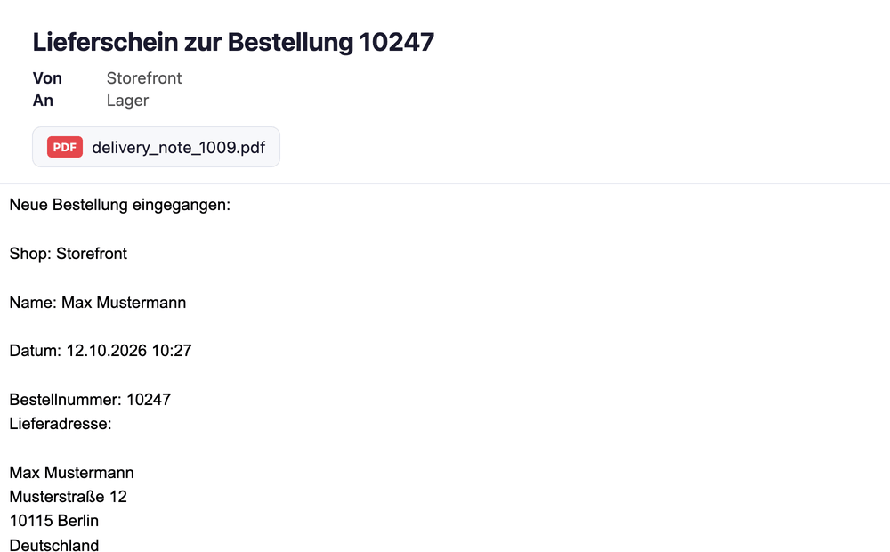 Kopie an das Lager