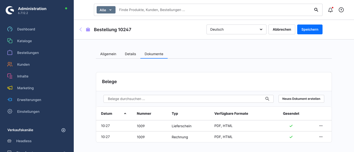 Die Dokumente in der Bestellung, als versendet markiert