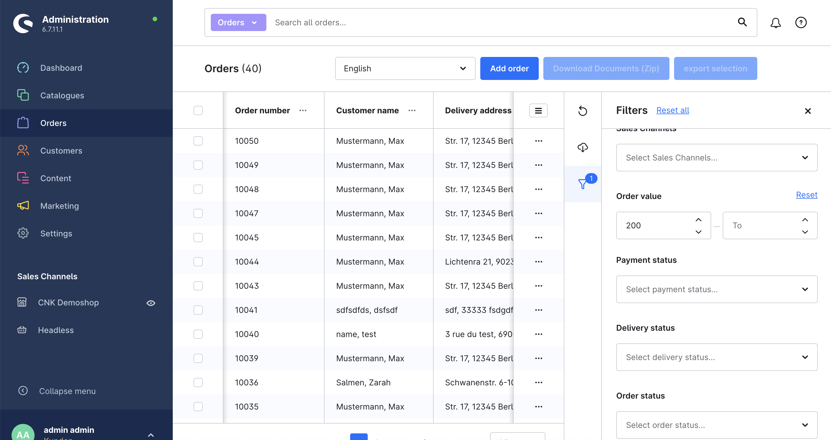 Select and export orders