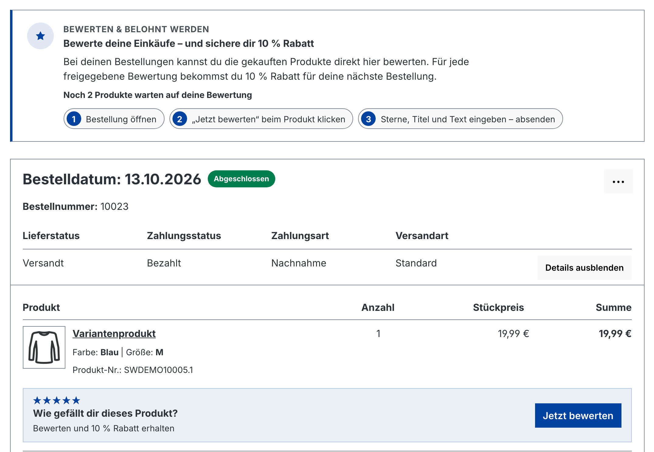 Hinweisbox über den Bestellungen
