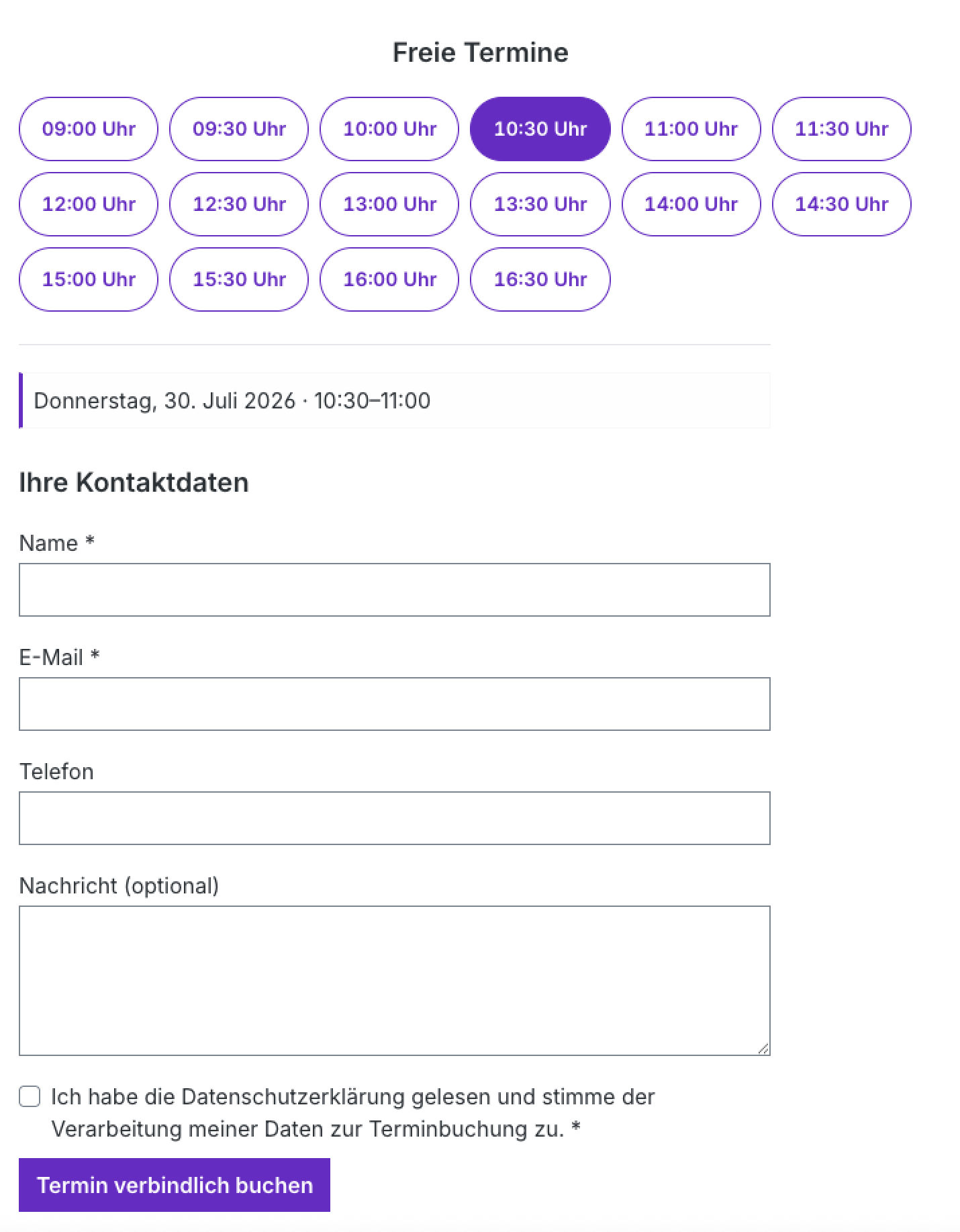 Kontaktdaten und verbindliche Buchung