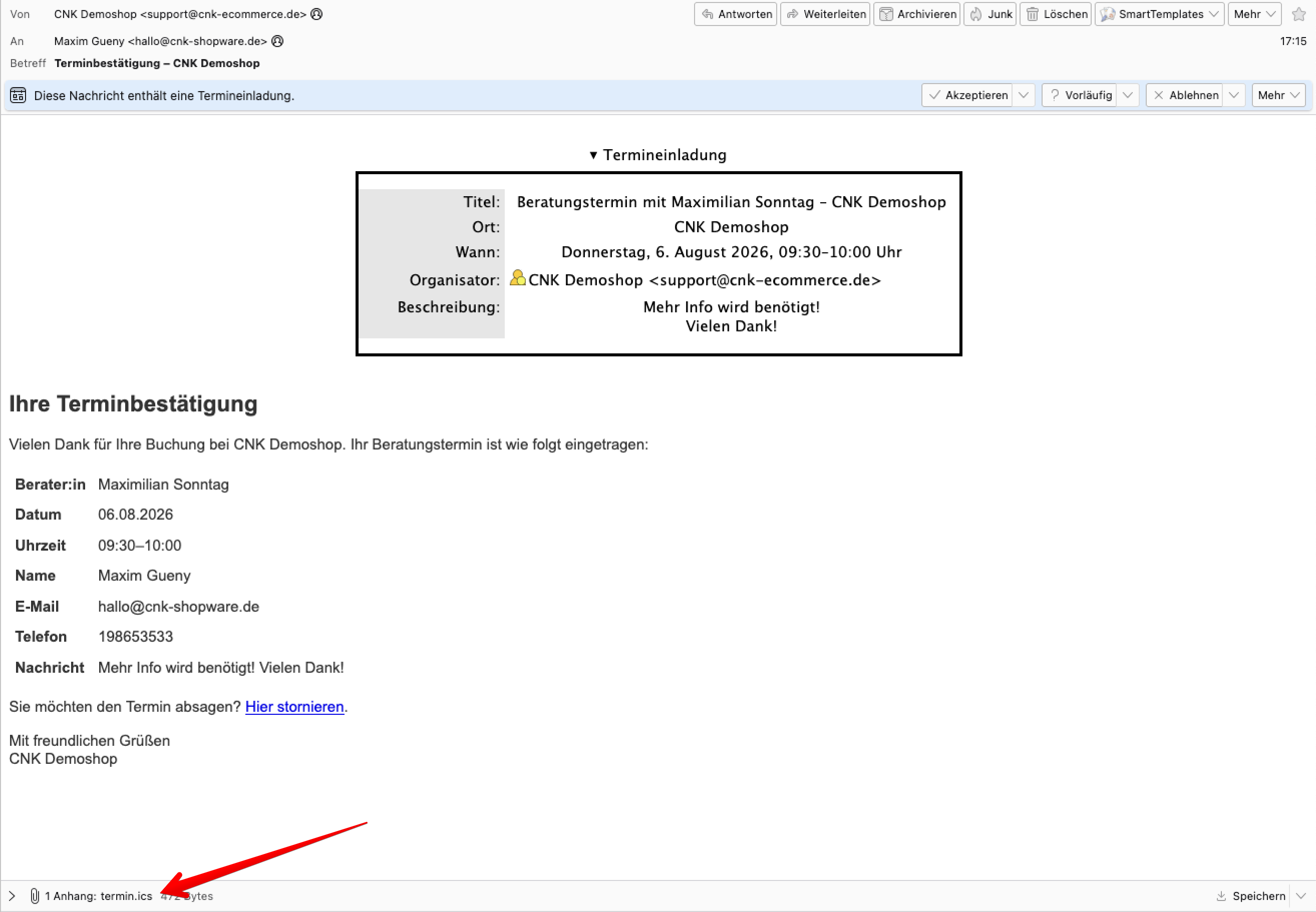 Bestätigungs-E-Mail mit .ics-Kalendereinladung
