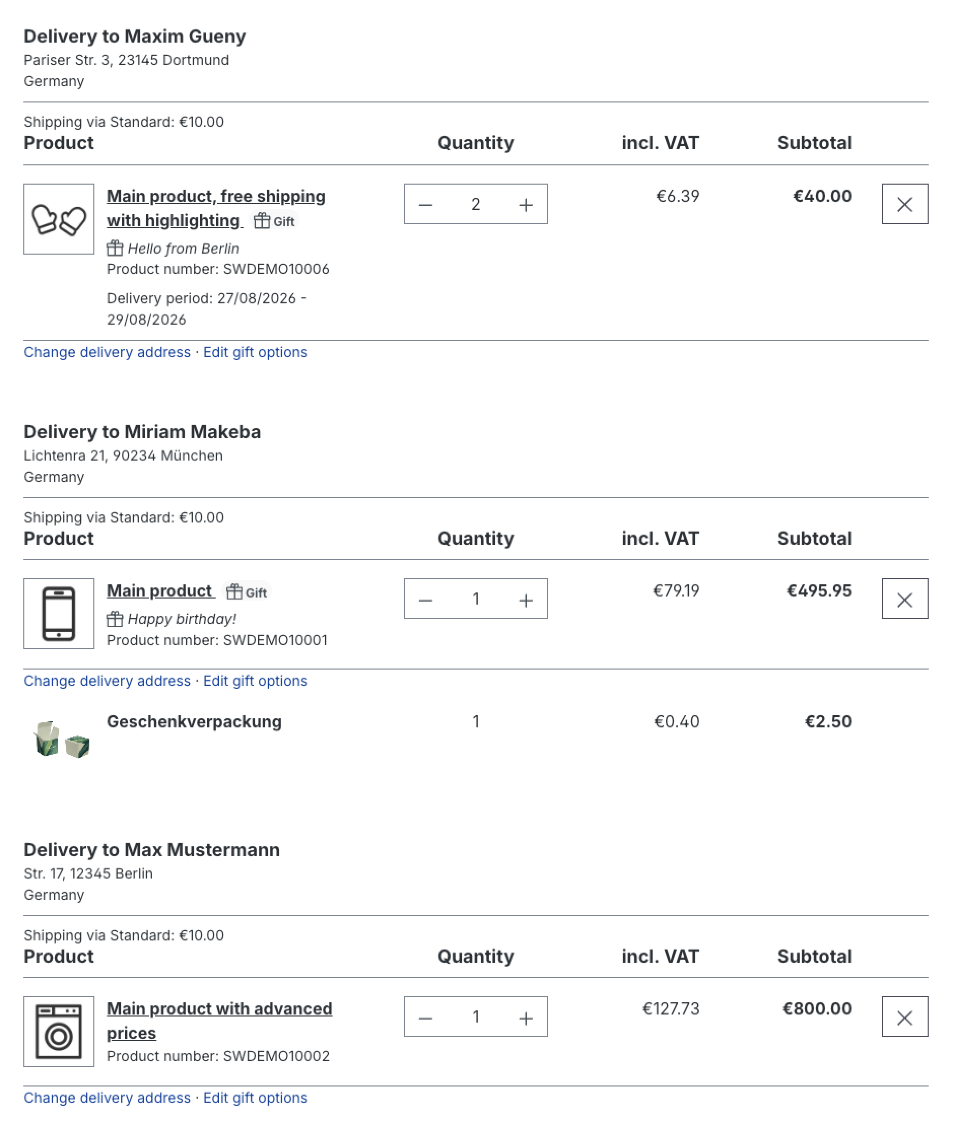 Per-recipient split shown in checkout and the customer account