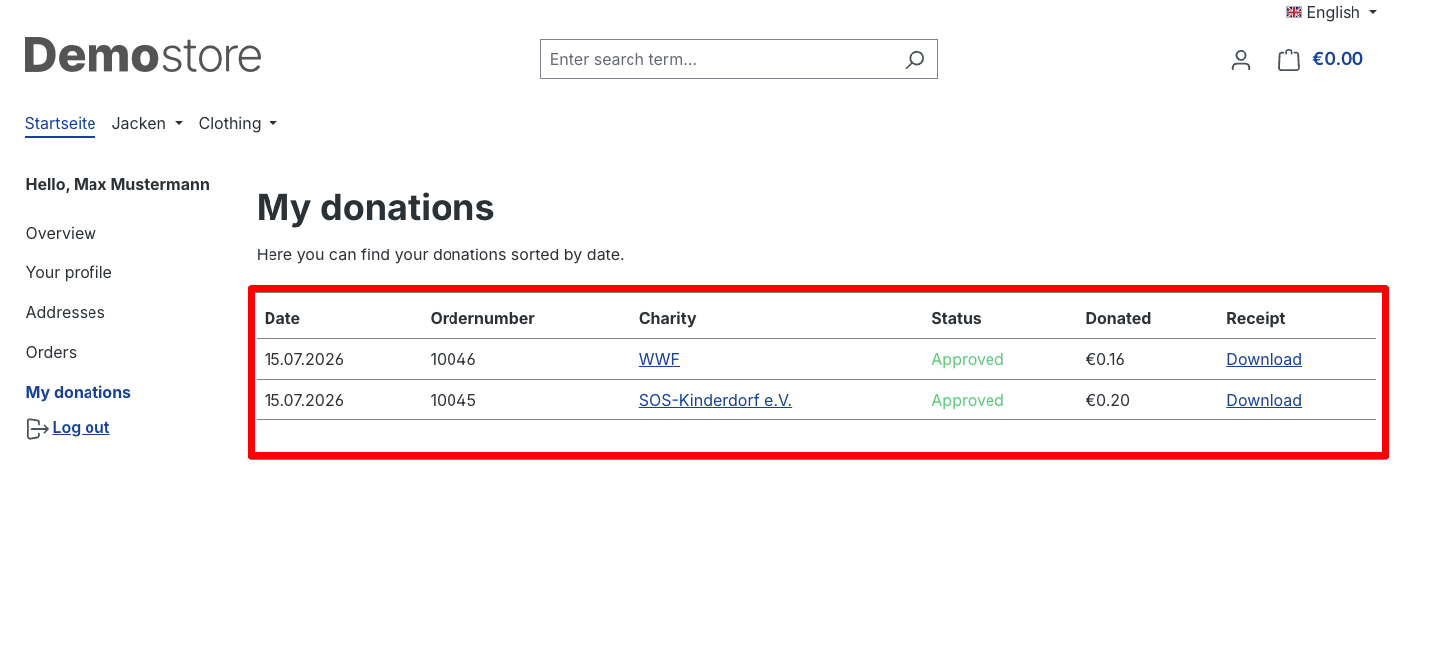 My donations – download receipt