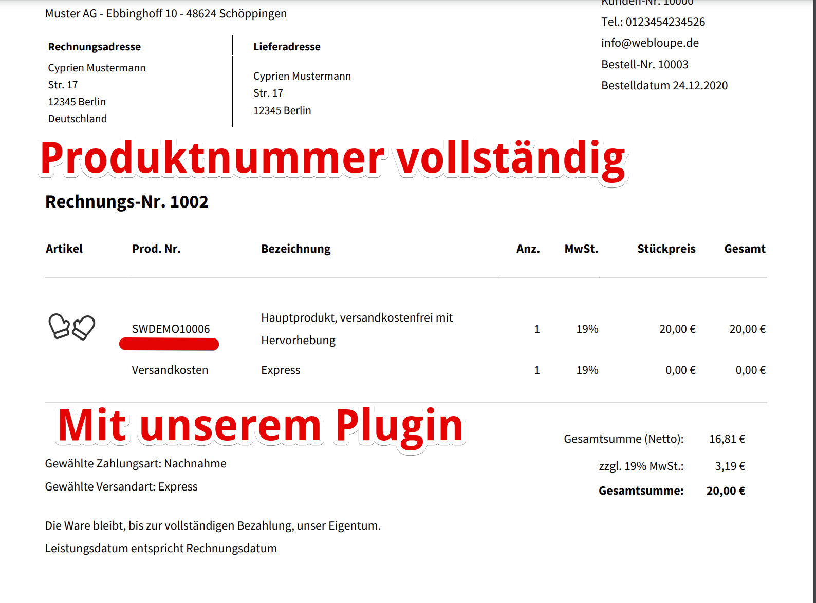Full item number on the invoice